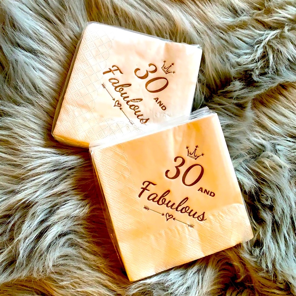 30 and Fabulous Birthday dessert or cocktail napkins ~ white with rose gold 👑
